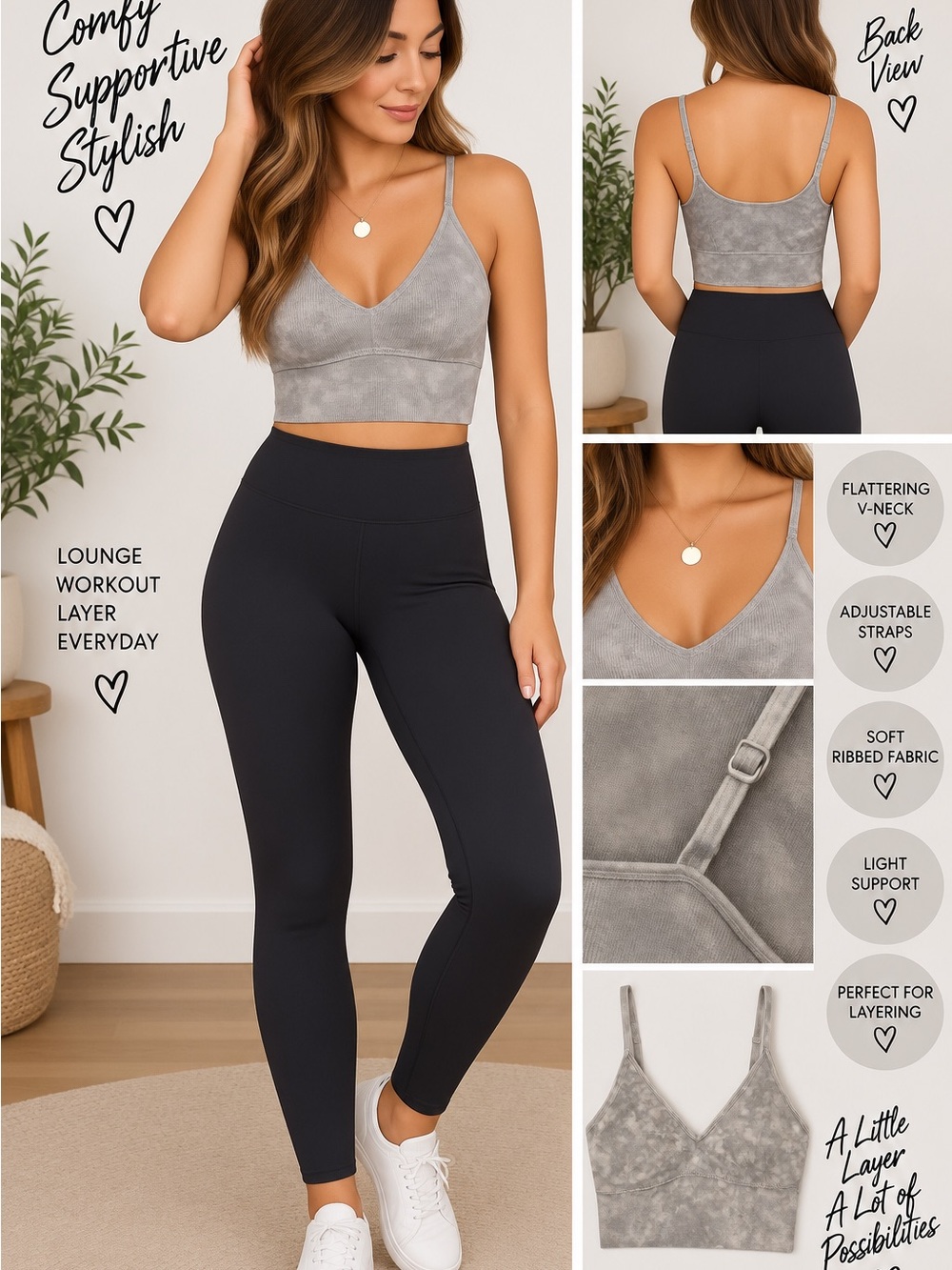 Zenana Outfitters Gray Ribbed V-Neck Cropped Bralette